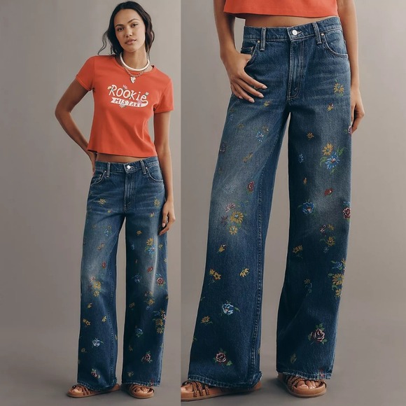 MOTHER Denim - Mother Lil Rerun Zip Sneak Jeans Field Of Flowers High Rise Wide Leg‎ 23